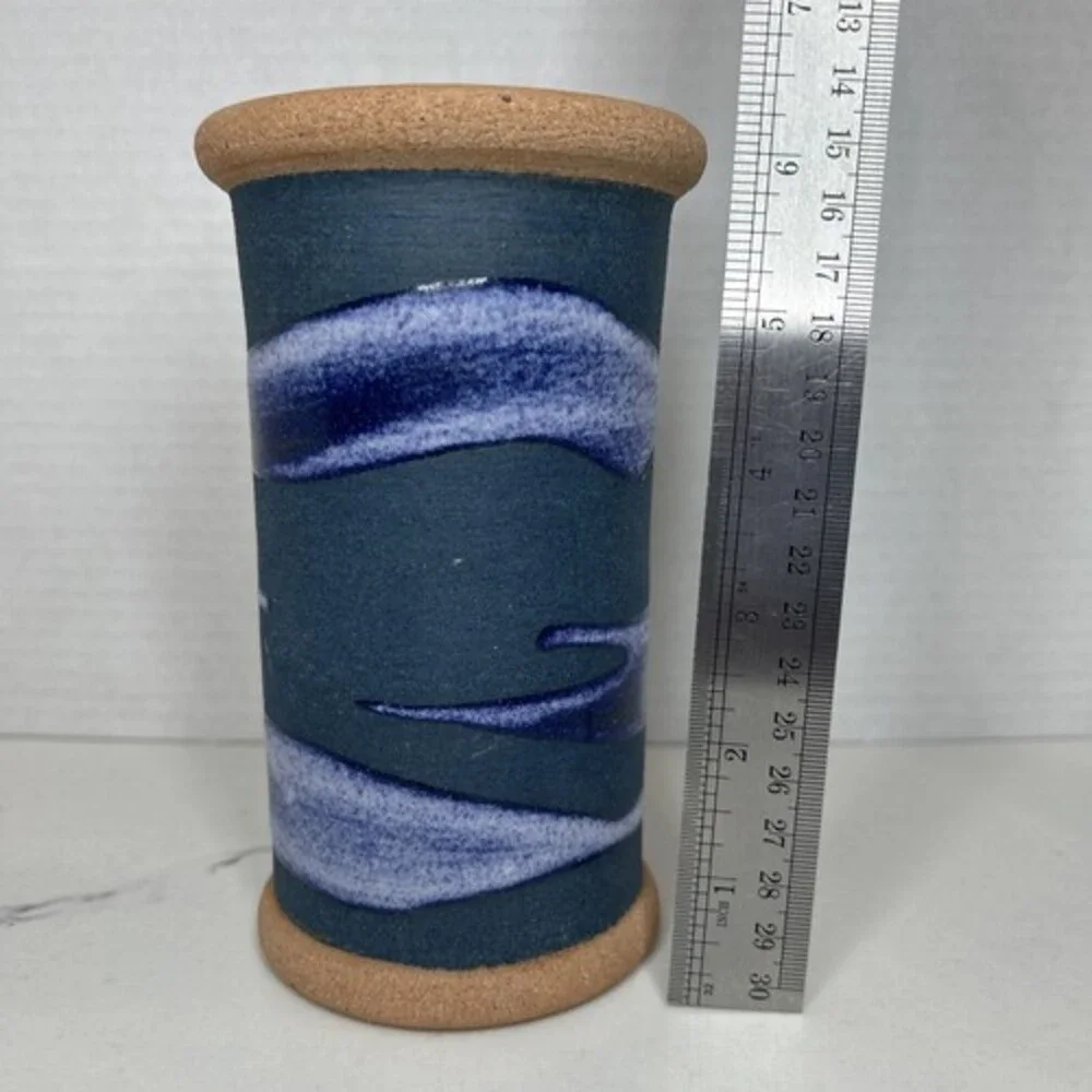 Dominican Republic Art Pottery Vase 6.2 x 3” Signed Blue and White Raised